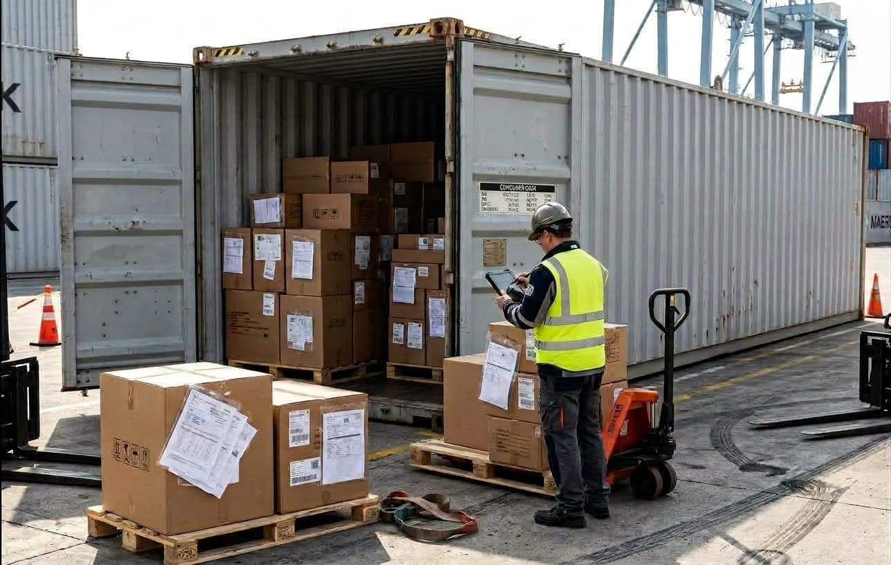 Cartons on pallets being inspected beside an open shipping container
