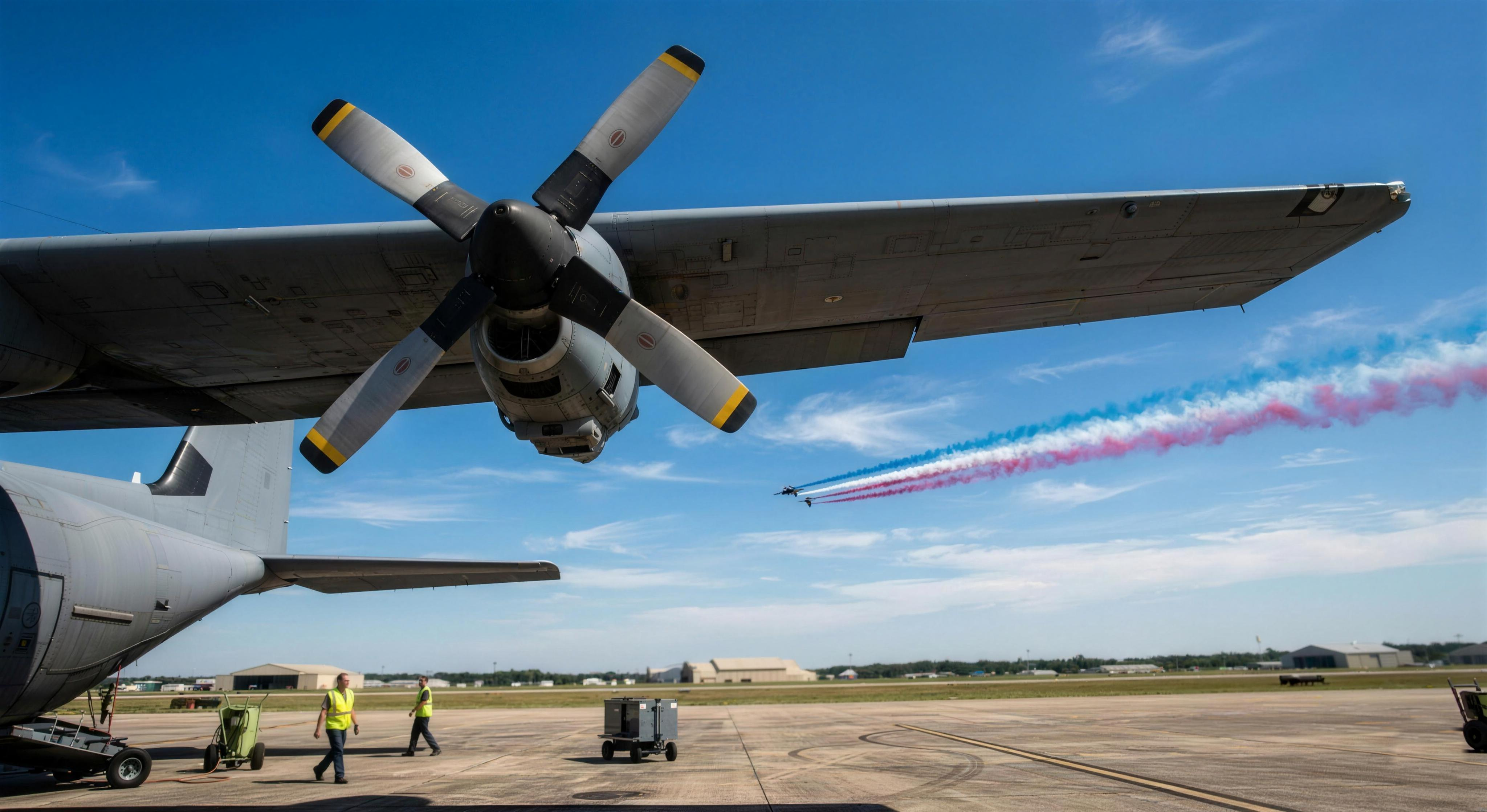 C-130 propeller and wing on the tarmac with an aerobatic display team passing behind
